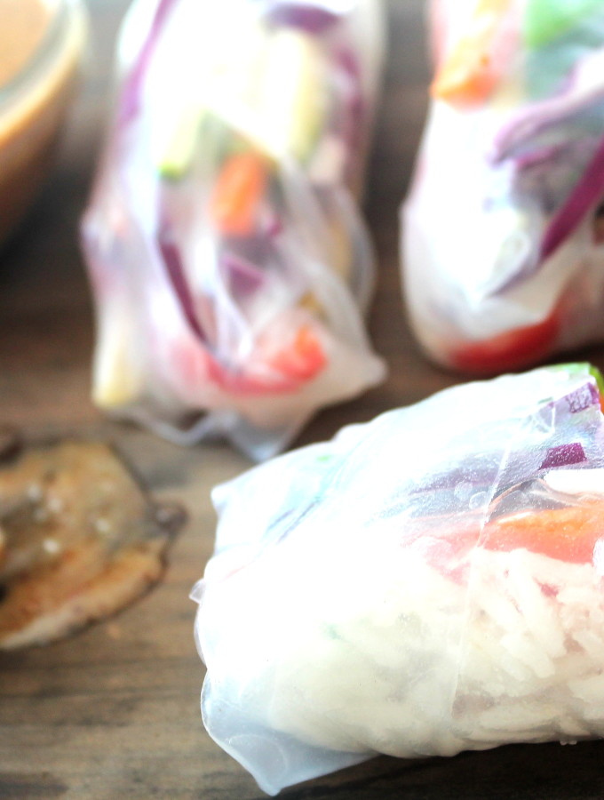 rainbow spring rolls & almond butter dipping sauce