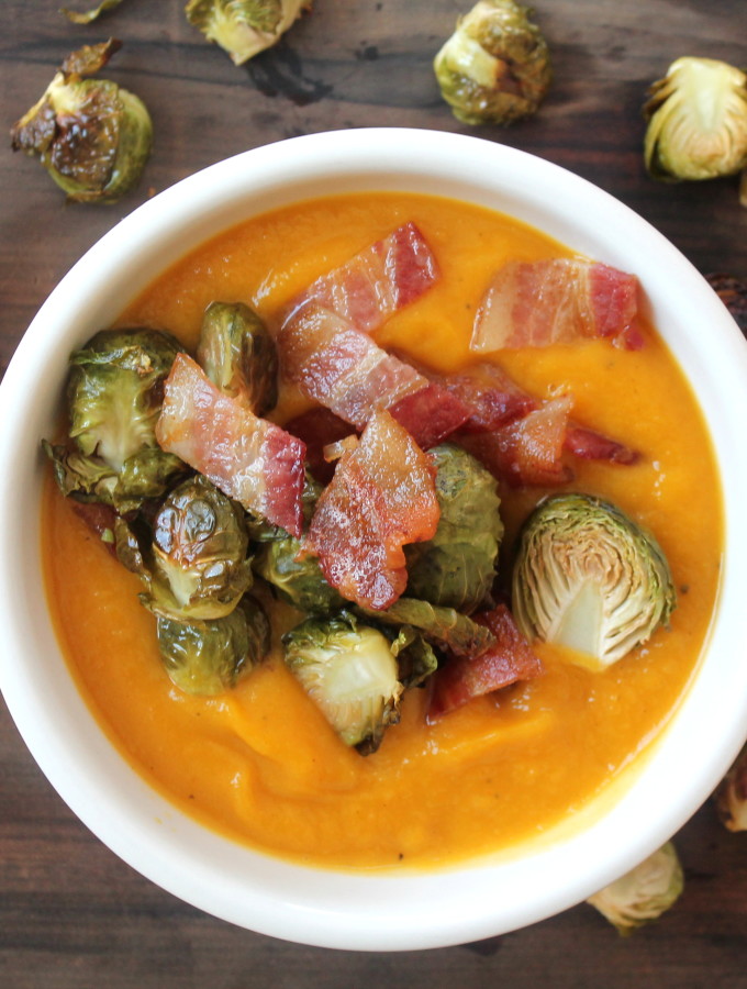 roasted butternut squash soup with bacon & brussels